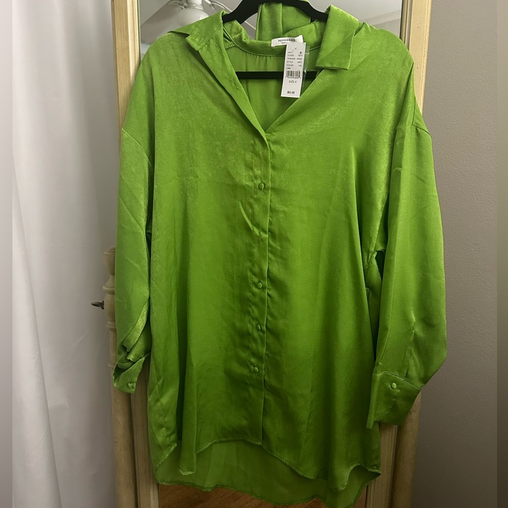 Peppermayo Lime Satin Button-Down Dress